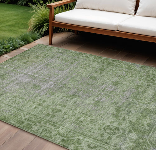 10 X 14 Fern Green Oriental Washable Indoor Outdoor Area Rug