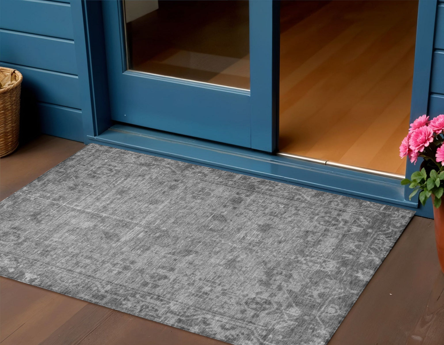 3 X 5 Gray Oriental Washable Indoor Outdoor Area Rug