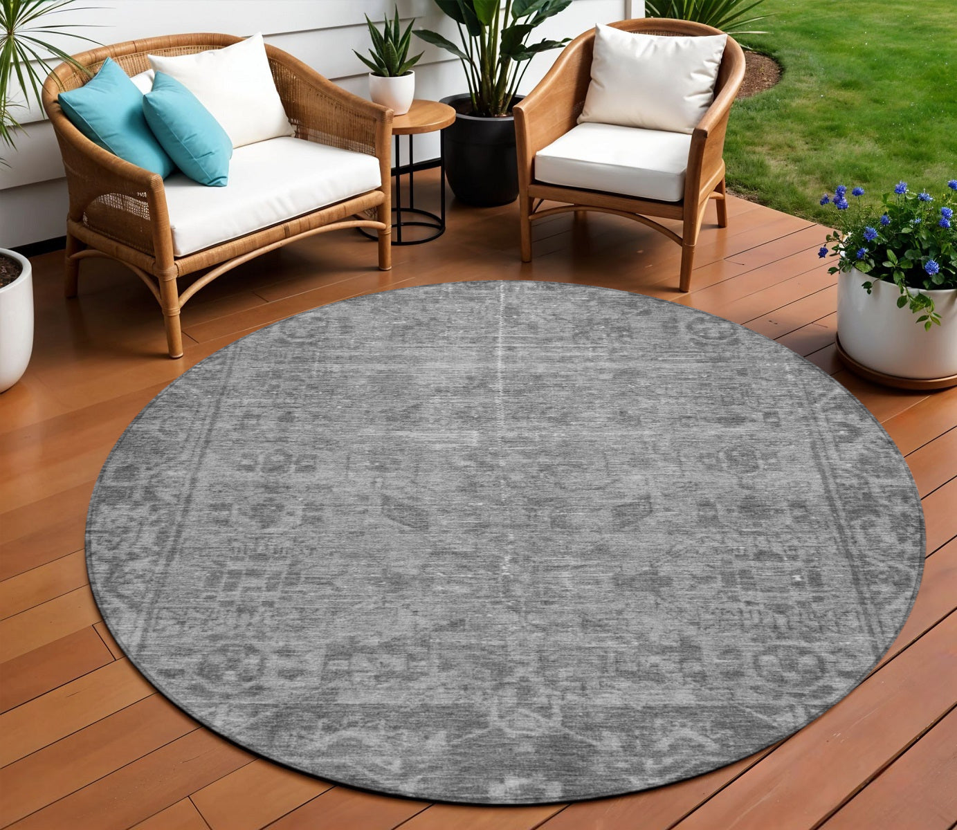 8 Gray Round Oriental Washable Indoor Outdoor Area Rug