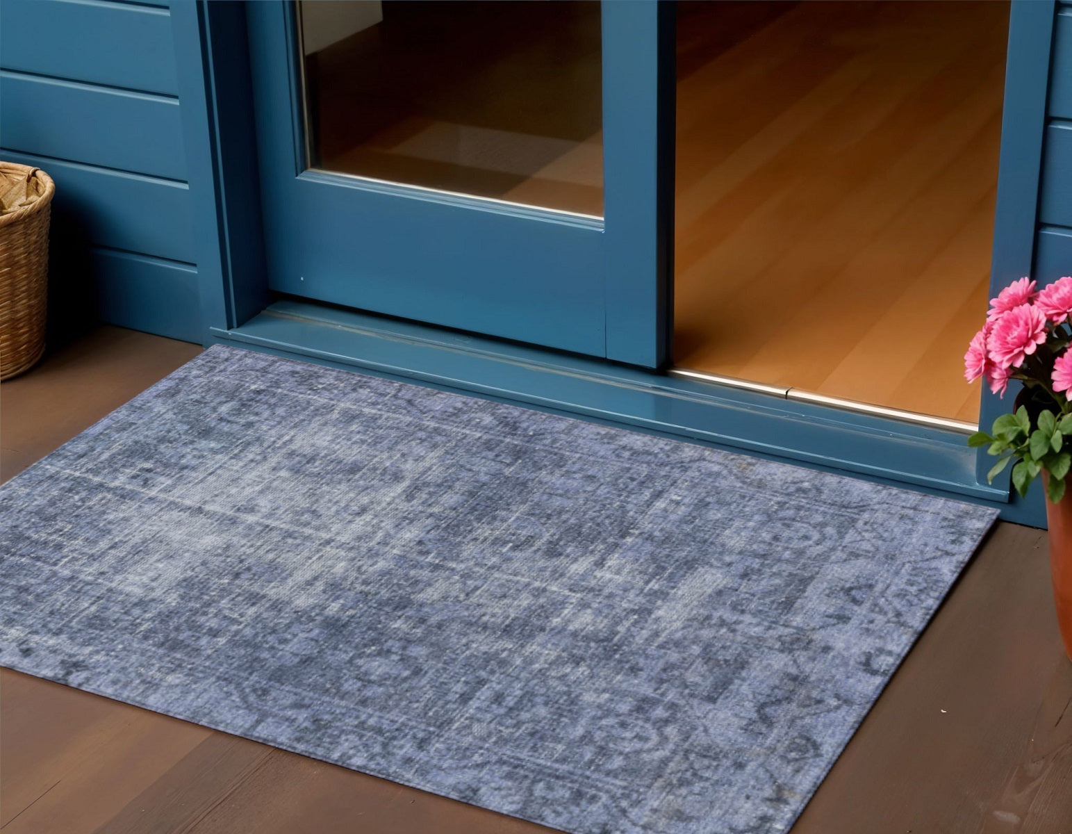 3 X 5 Navy Blue Oriental Washable Indoor Outdoor Area Rug