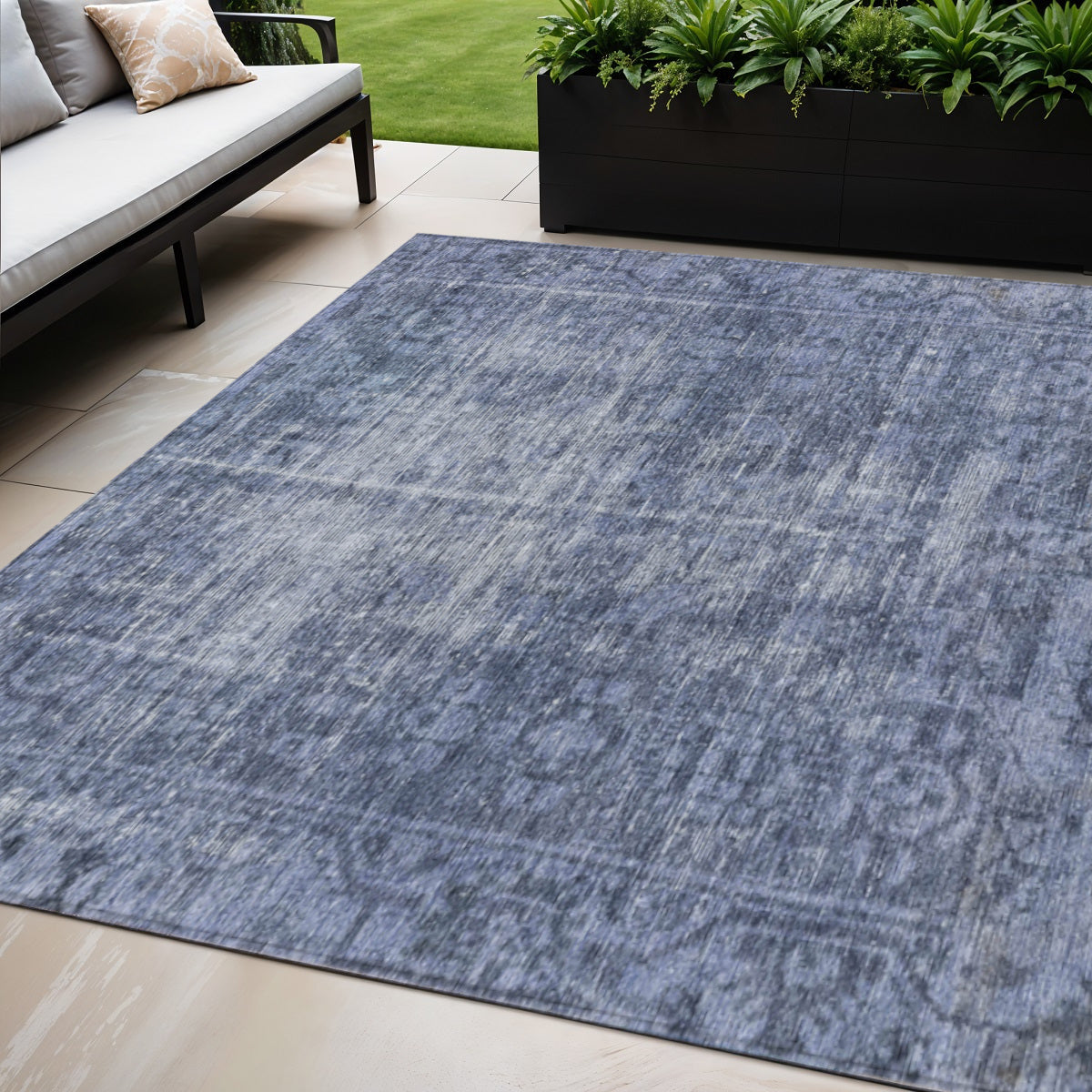5 X 8 Navy Blue Oriental Washable Indoor Outdoor Area Rug