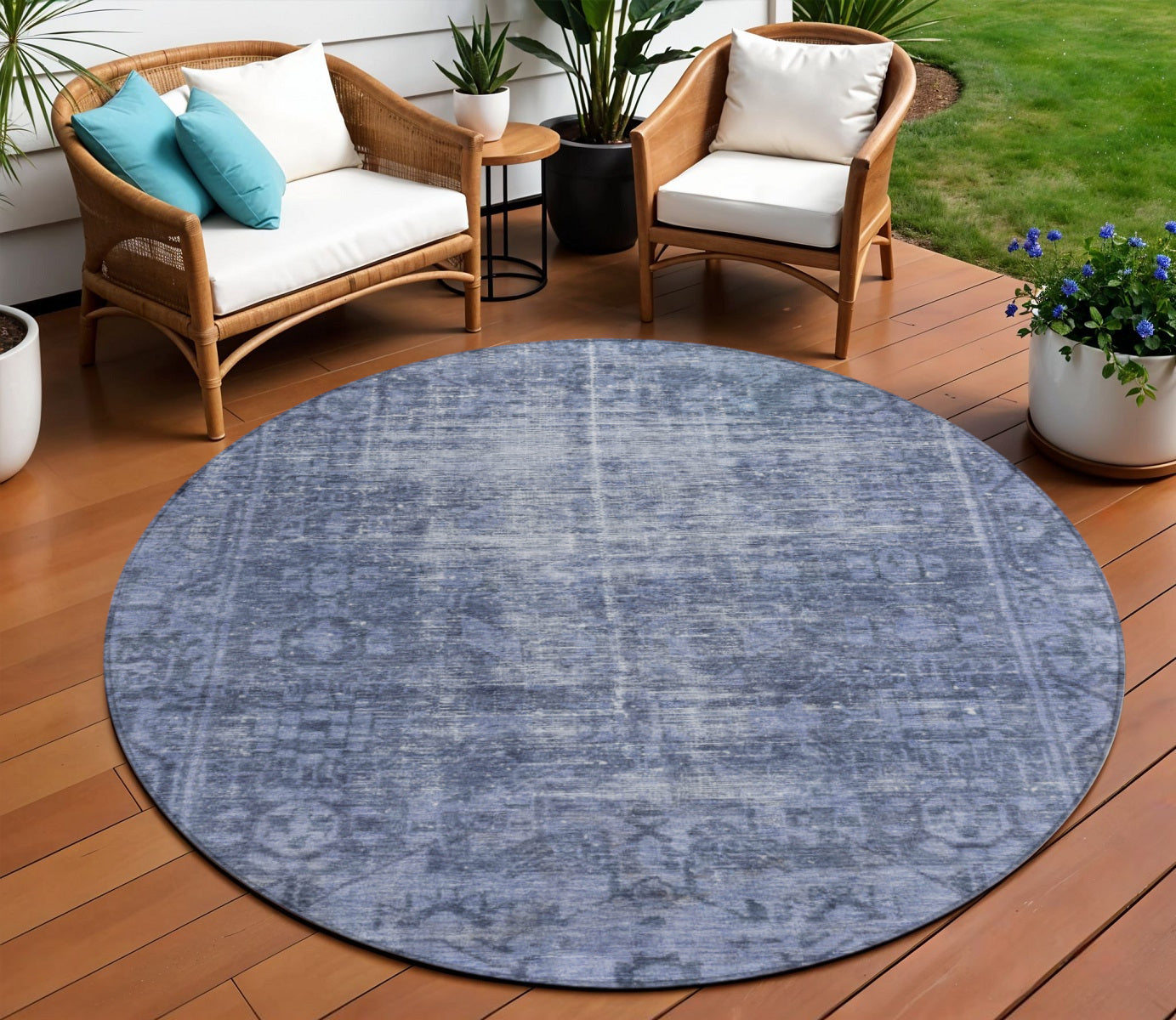 8 Navy Blue Round Oriental Washable Indoor Outdoor Area Rug