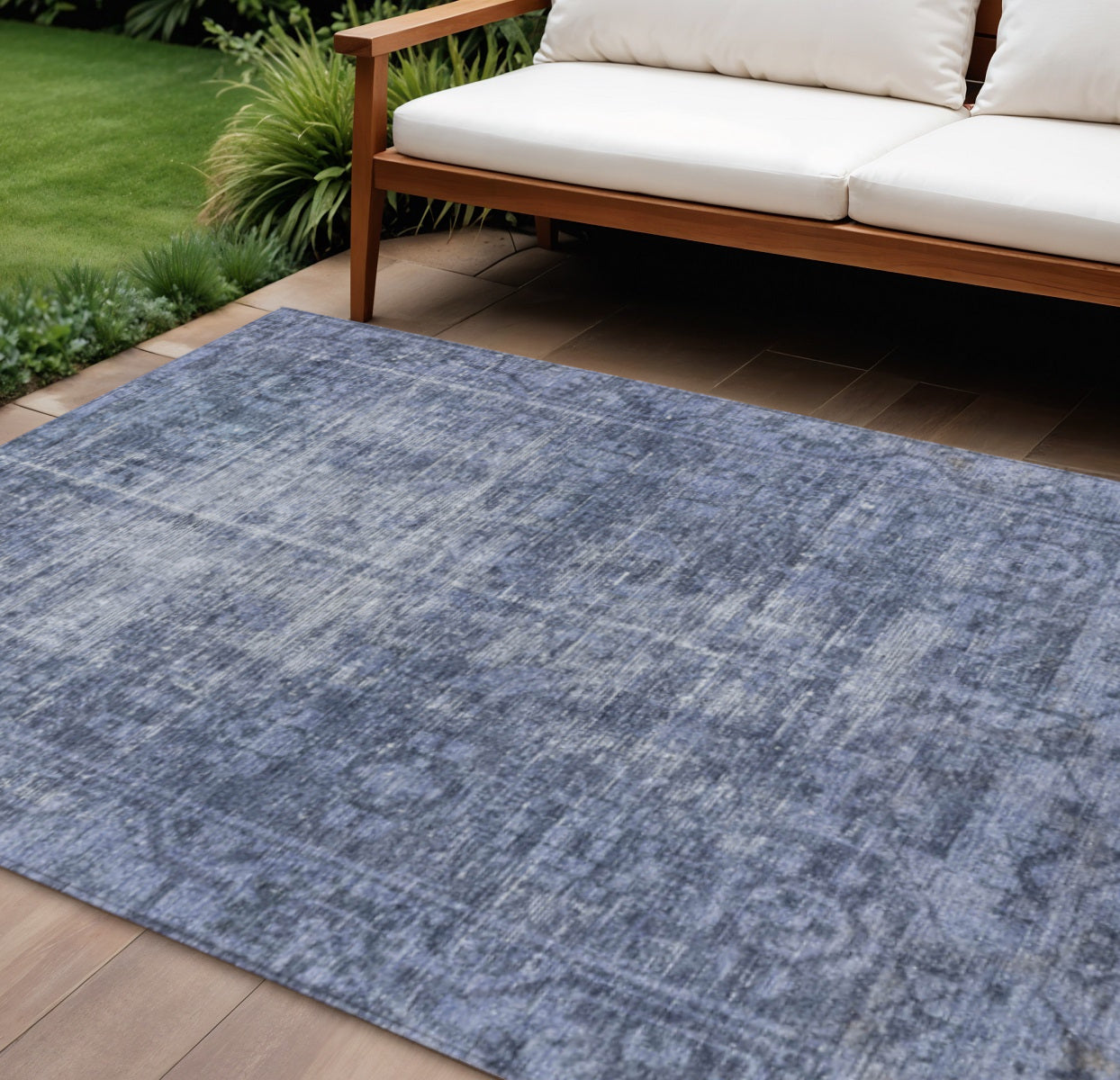 10 X 14 Navy Blue Oriental Washable Indoor Outdoor Area Rug