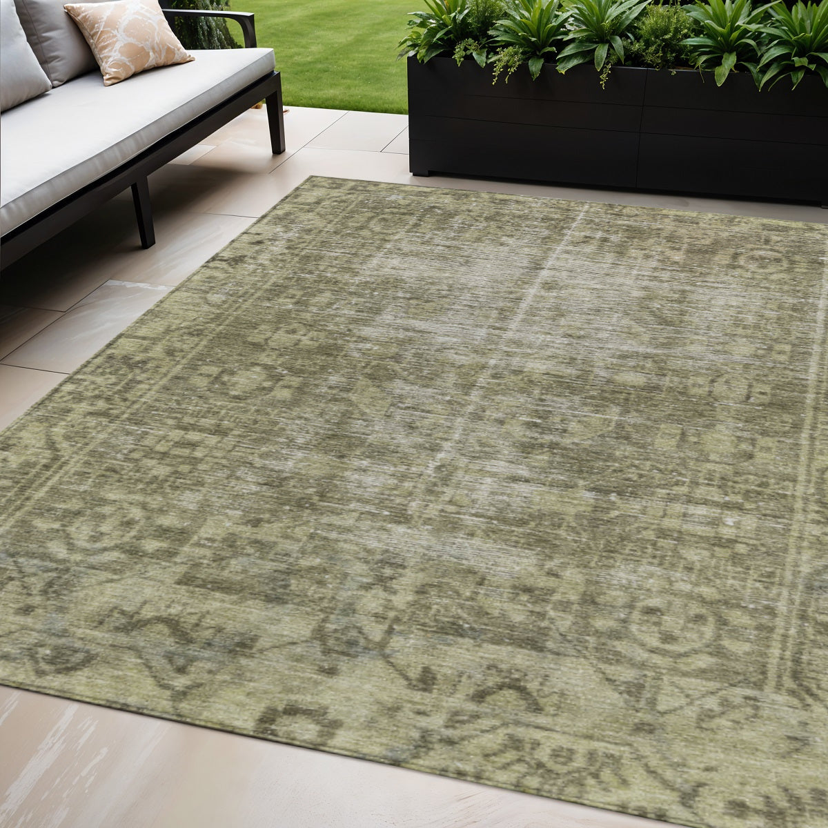 5 X 8 Olive Green Oriental Washable Indoor Outdoor Area Rug