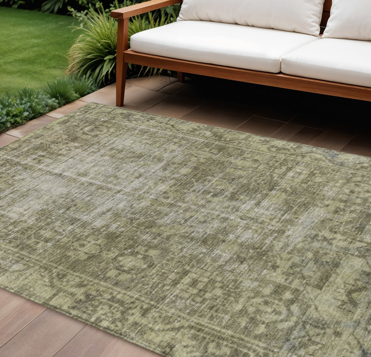 8 X 10 Olive Green Oriental Washable Indoor Outdoor Area Rug