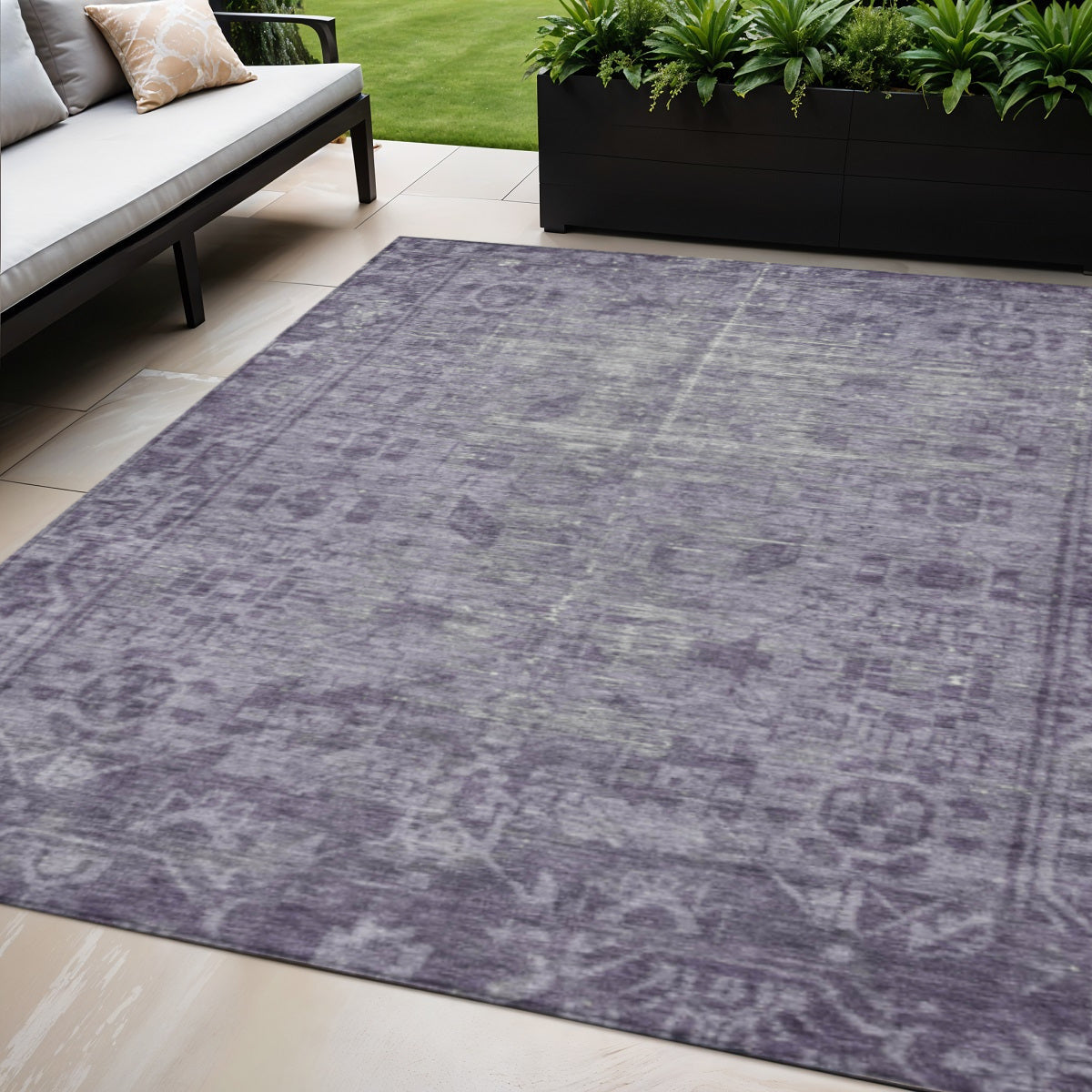5 X 8 Purple Oriental Washable Indoor Outdoor Area Rug