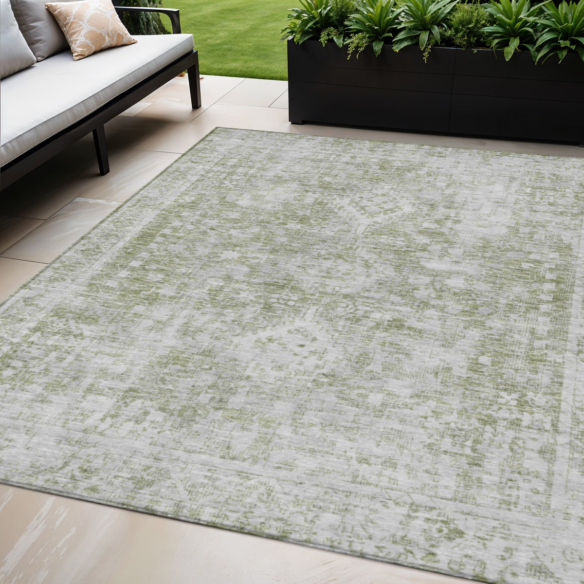 5 X 8 Artichoke Green Oriental Washable Indoor Outdoor Area Rug