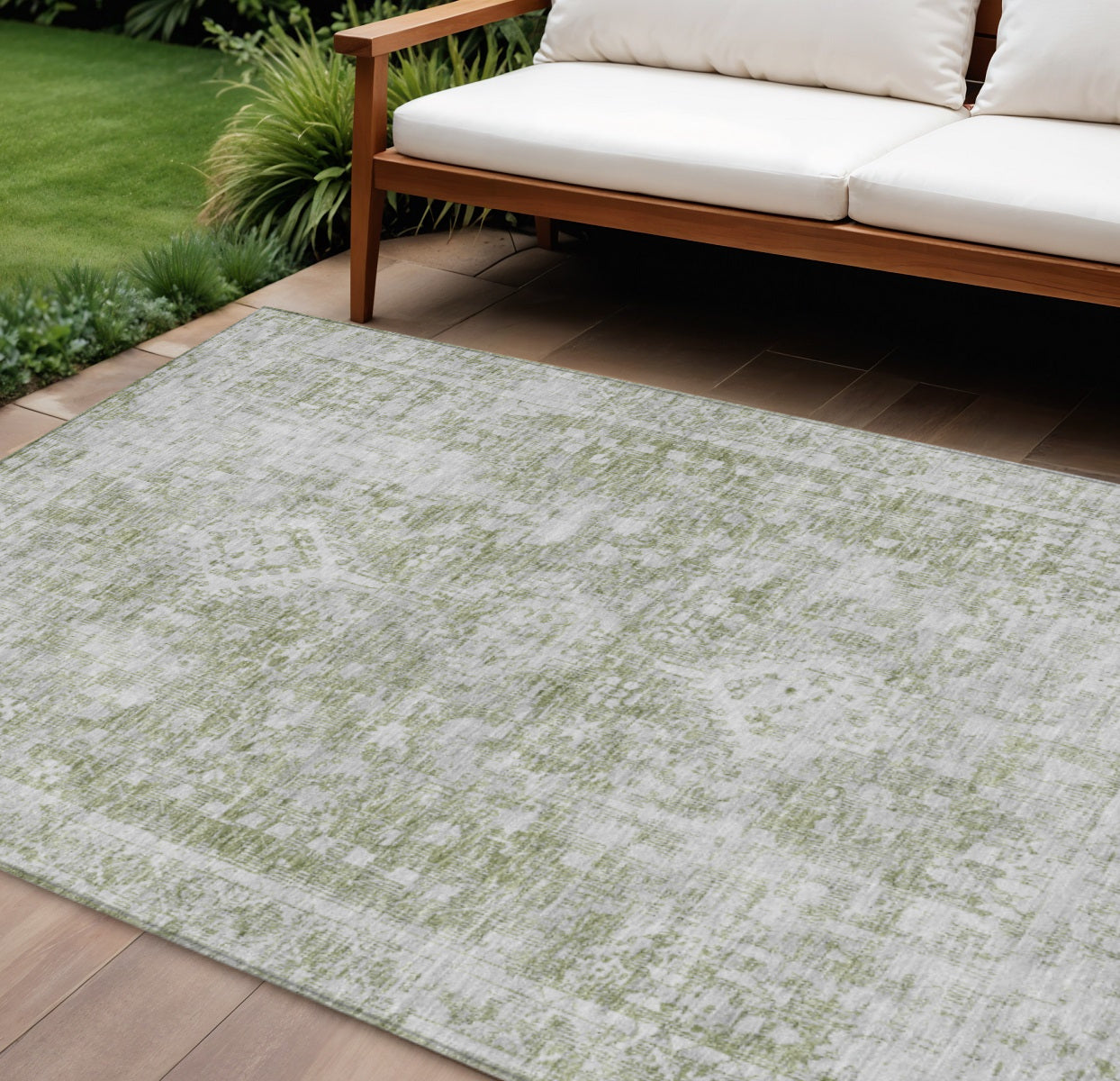 10 X 14 Artichoke Green Oriental Washable Indoor Outdoor Area Rug