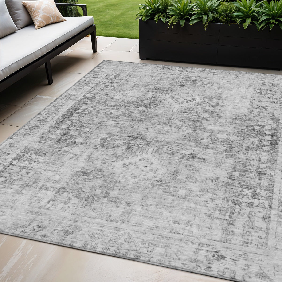 5 X 8 Charcoal Oriental Washable Indoor Outdoor Area Rug