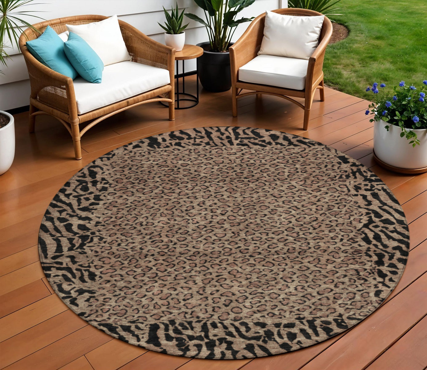 8 Brown Round Animal Print Washable Indoor Outdoor Area Rug