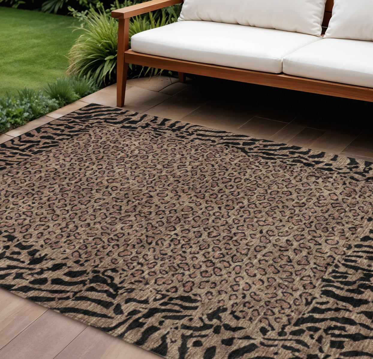 8 X 10 Brown Animal Print Washable Indoor Outdoor Area Rug