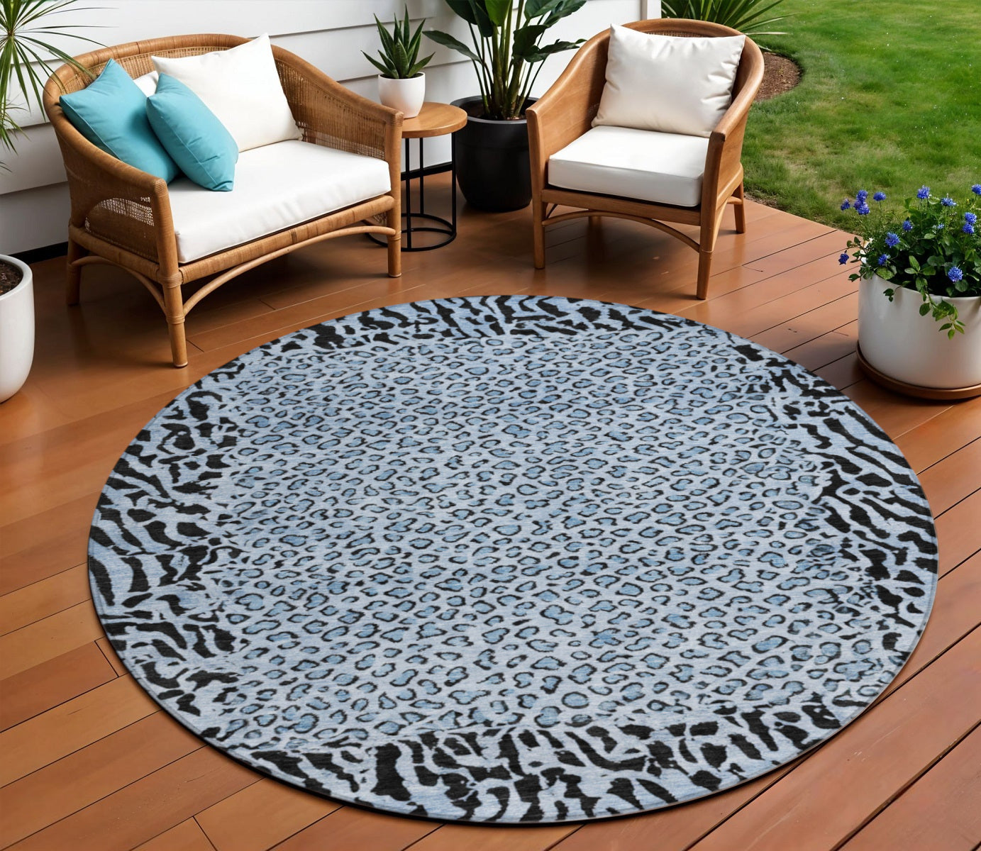 8 Blue Round Animal Print Washable Indoor Outdoor Area Rug