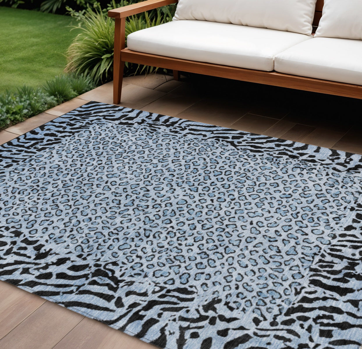 9 X 12 Blue Animal Print Washable Indoor Outdoor Area Rug
