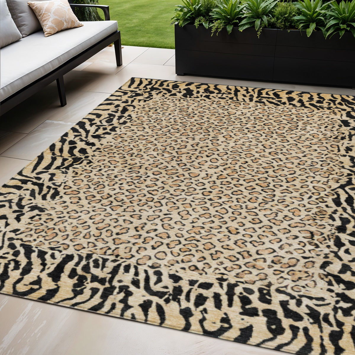 5 X 8 Gold Animal Print Washable Indoor Outdoor Area Rug