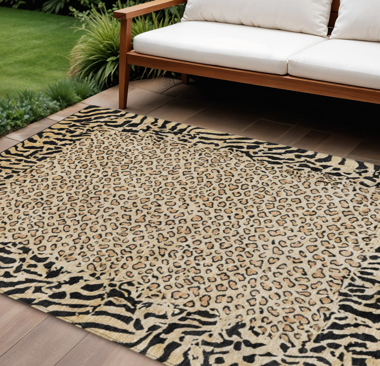 9 X 12 Gold Animal Print Washable Indoor Outdoor Area Rug