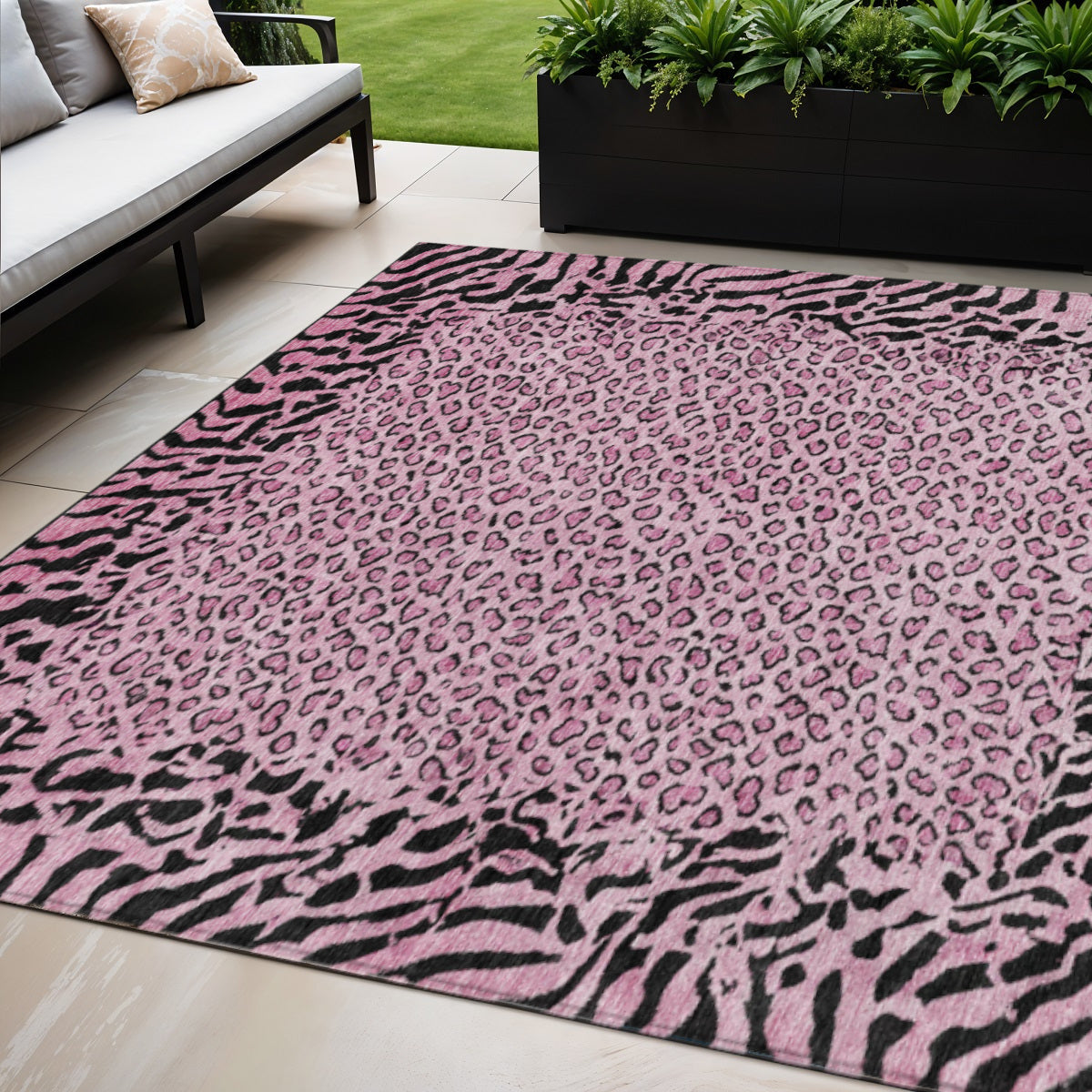 5 X 8 Pink Animal Print Washable Indoor Outdoor Area Rug