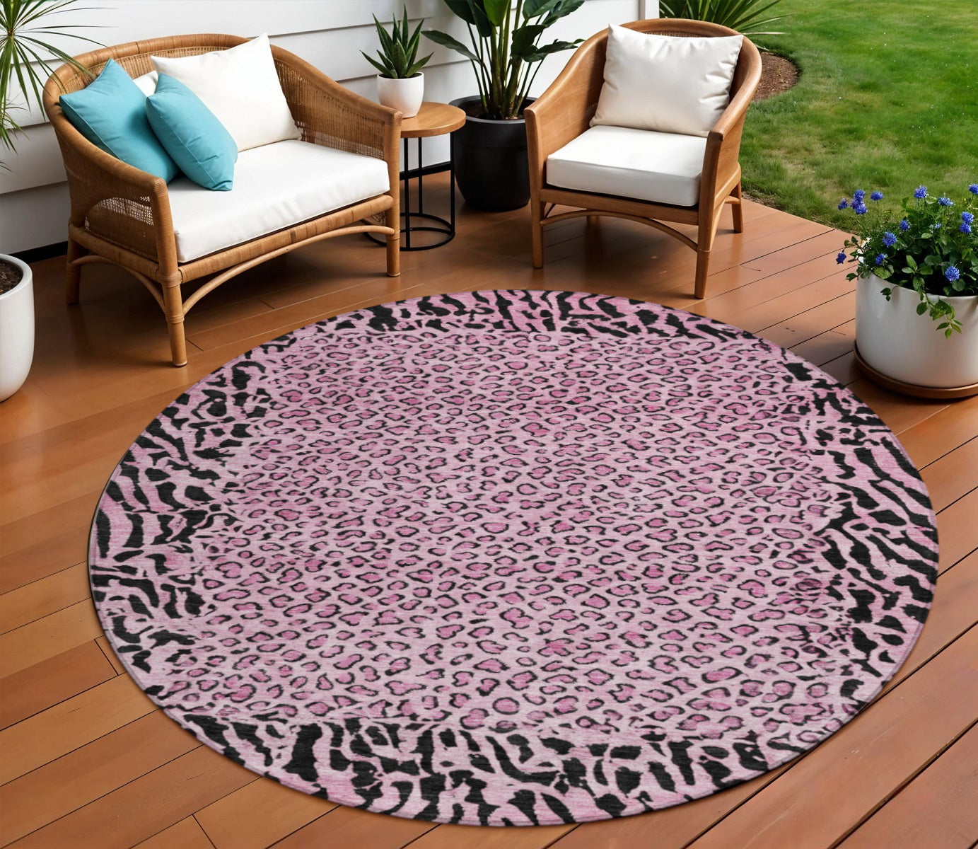 8 Pink Round Animal Print Washable Indoor Outdoor Area Rug