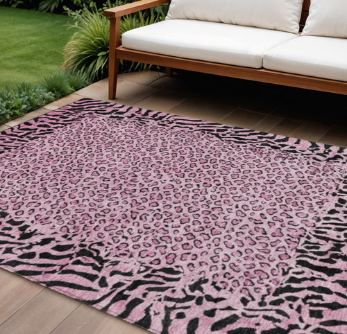 10 X 14 Pink Animal Print Washable Indoor Outdoor Area Rug
