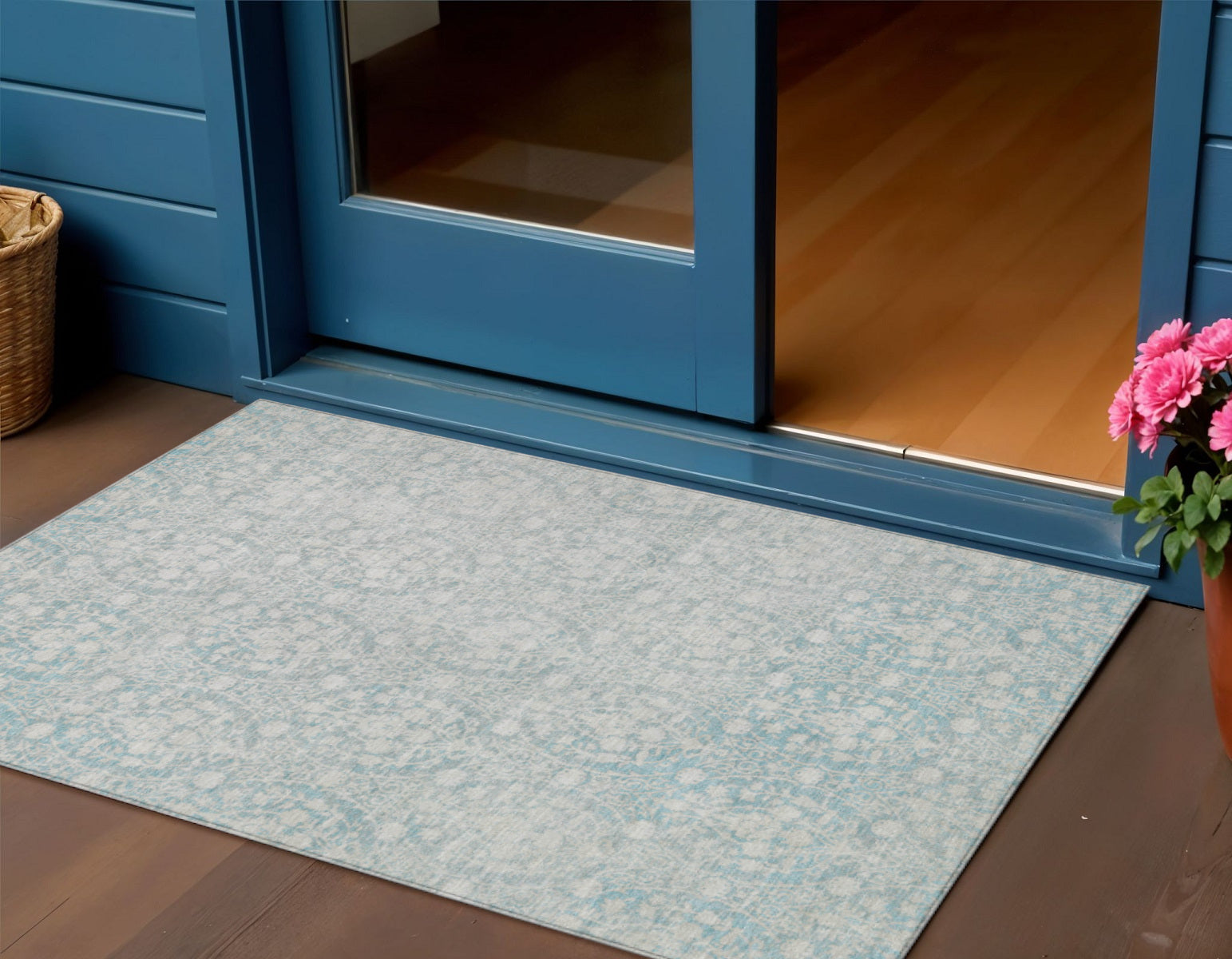 3 X 5 Aqua Damask Washable Indoor Outdoor Area Rug