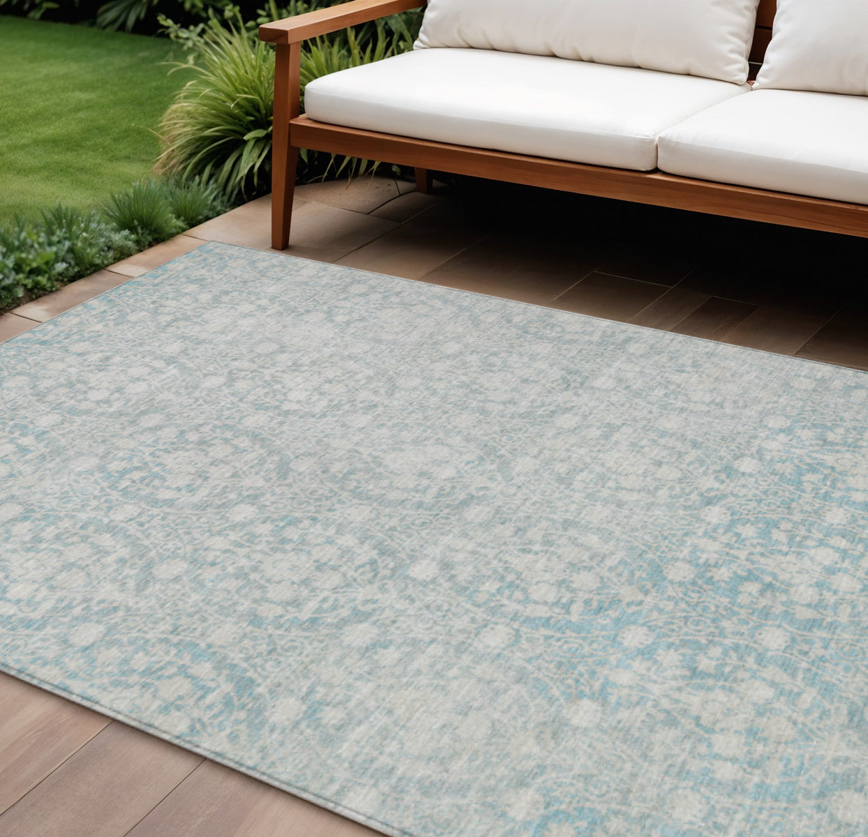 8 X 10 Aqua Damask Washable Indoor Outdoor Area Rug
