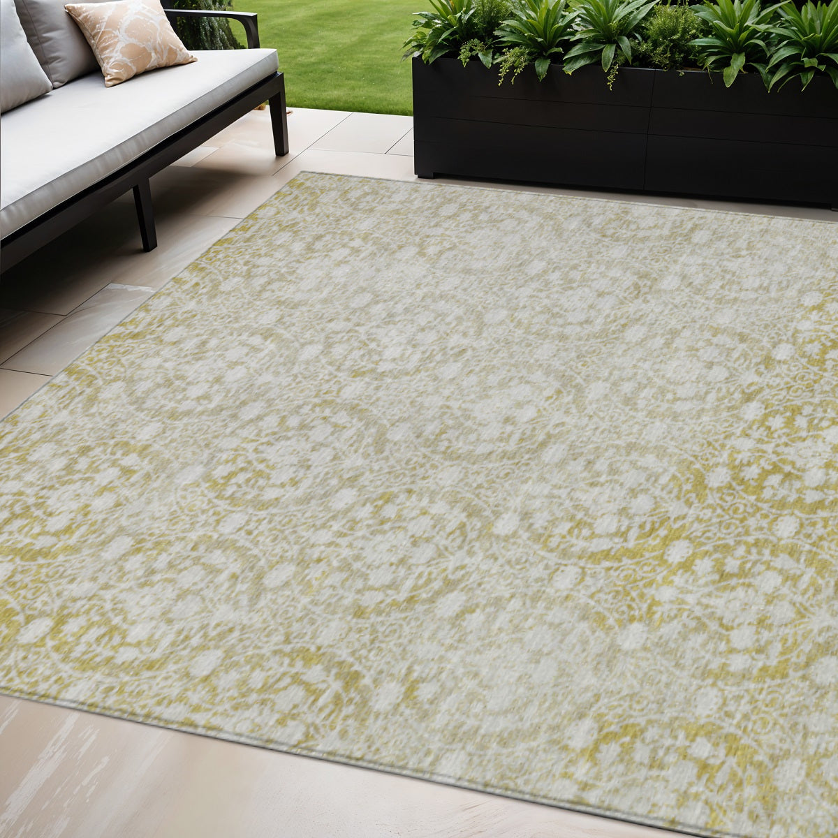 5 X 8 Gold Damask Washable Indoor Outdoor Area Rug