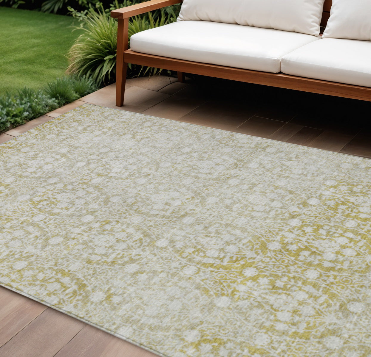 9 X 12 Gold Damask Washable Indoor Outdoor Area Rug