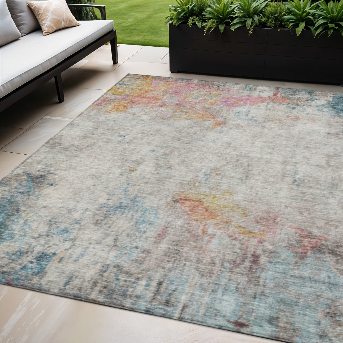 5 X 8 Teal Blue Abstract Washable Indoor Outdoor Area Rug