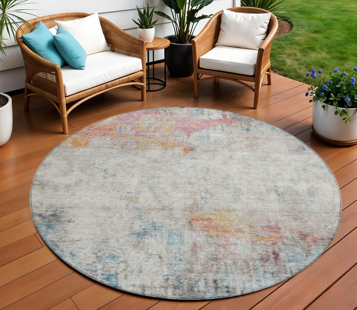 8 Teal Blue Round Abstract Washable Indoor Outdoor Area Rug
