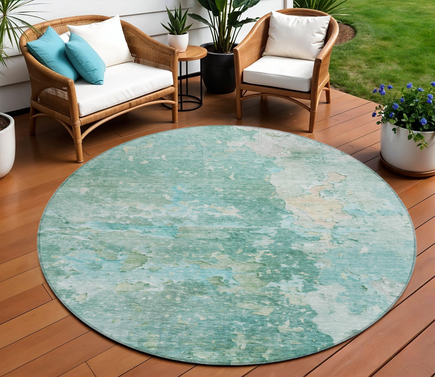 8 Emerald Round Abstract Washable Indoor Outdoor Area Rug