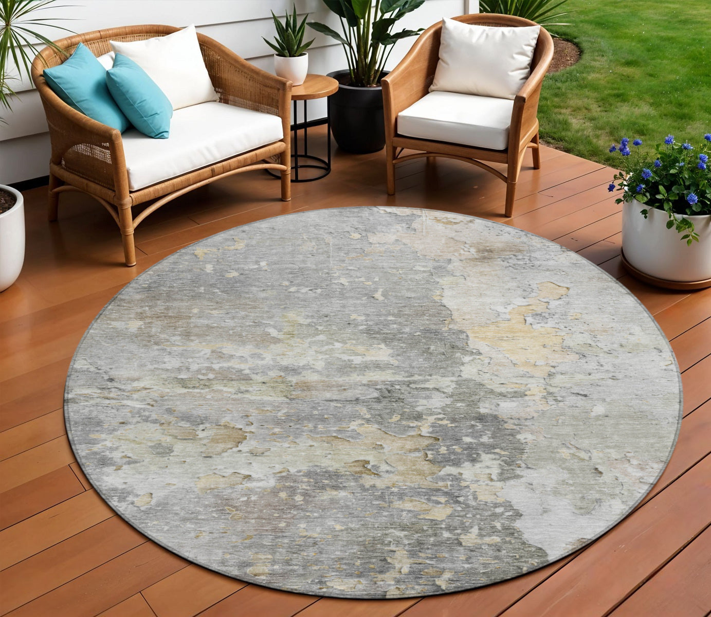8 Gray Round Abstract Washable Indoor Outdoor Area Rug