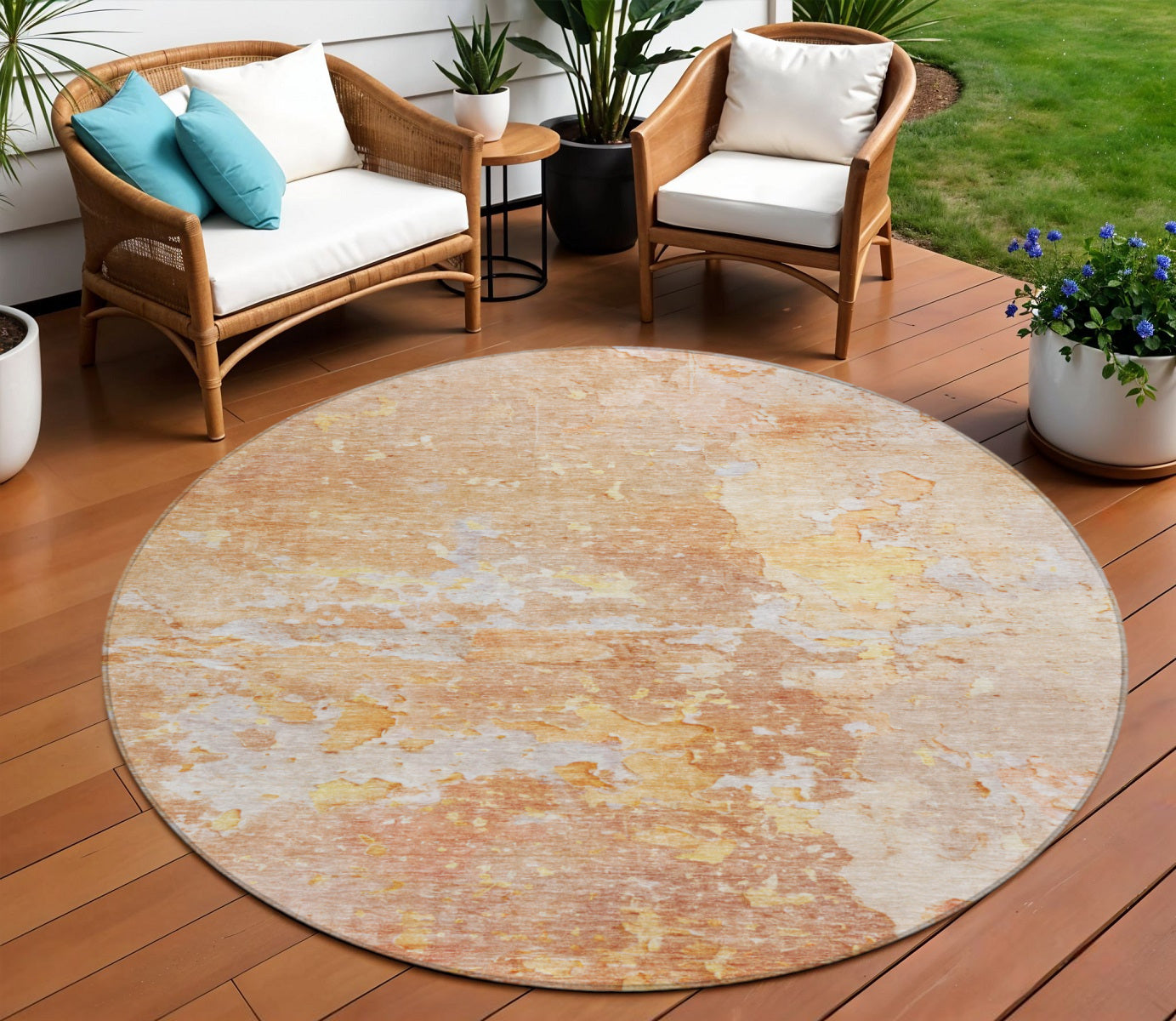 8 Salmon Round Abstract Washable Indoor Outdoor Area Rug