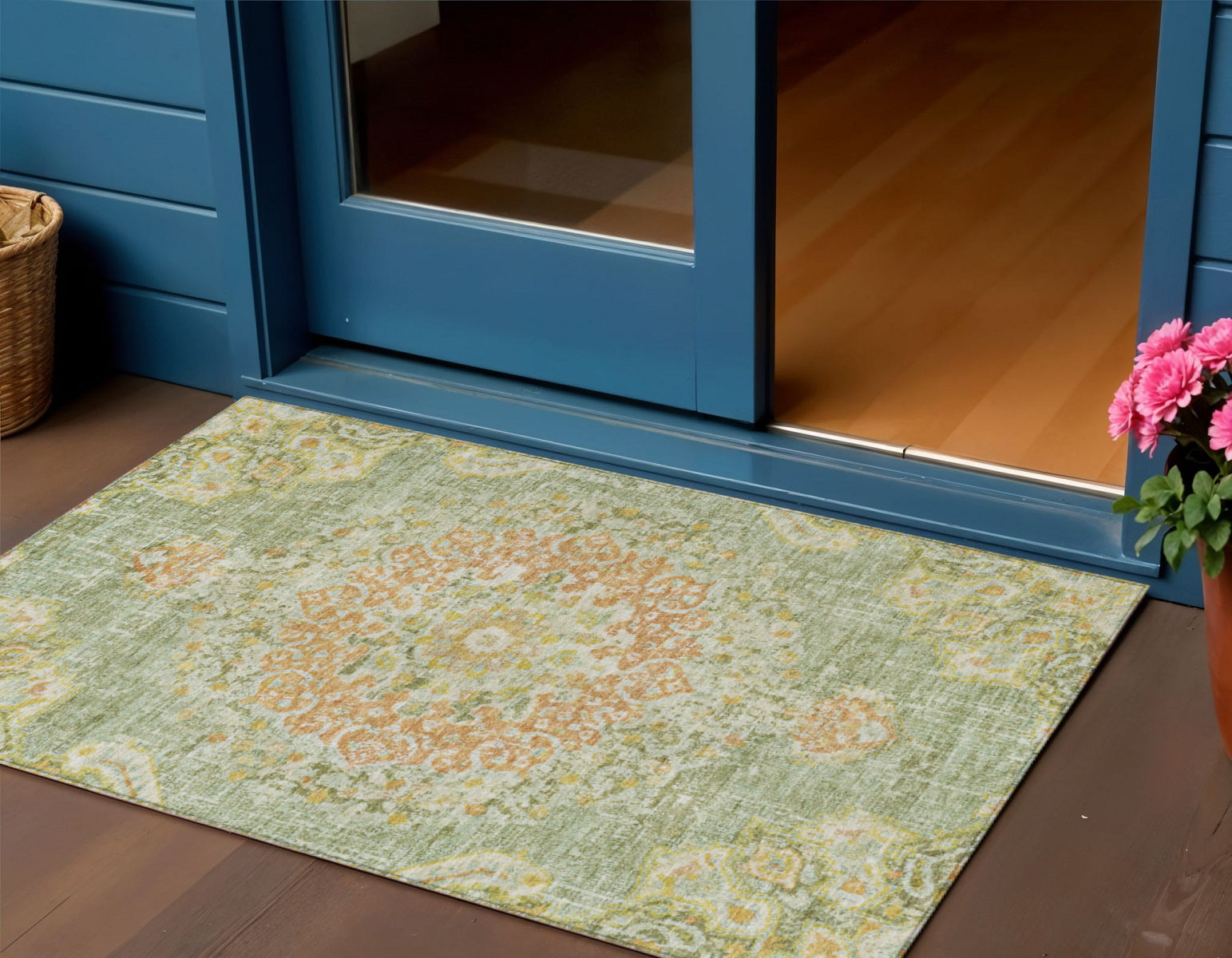 3 X 5 Artichoke Green Floral Medallion Washable Indoor Outdoor Area Rug