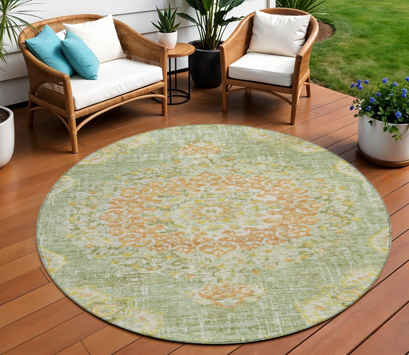 8 Artichoke Green Round Floral Medallion Washable Indoor Outdoor Area Rug