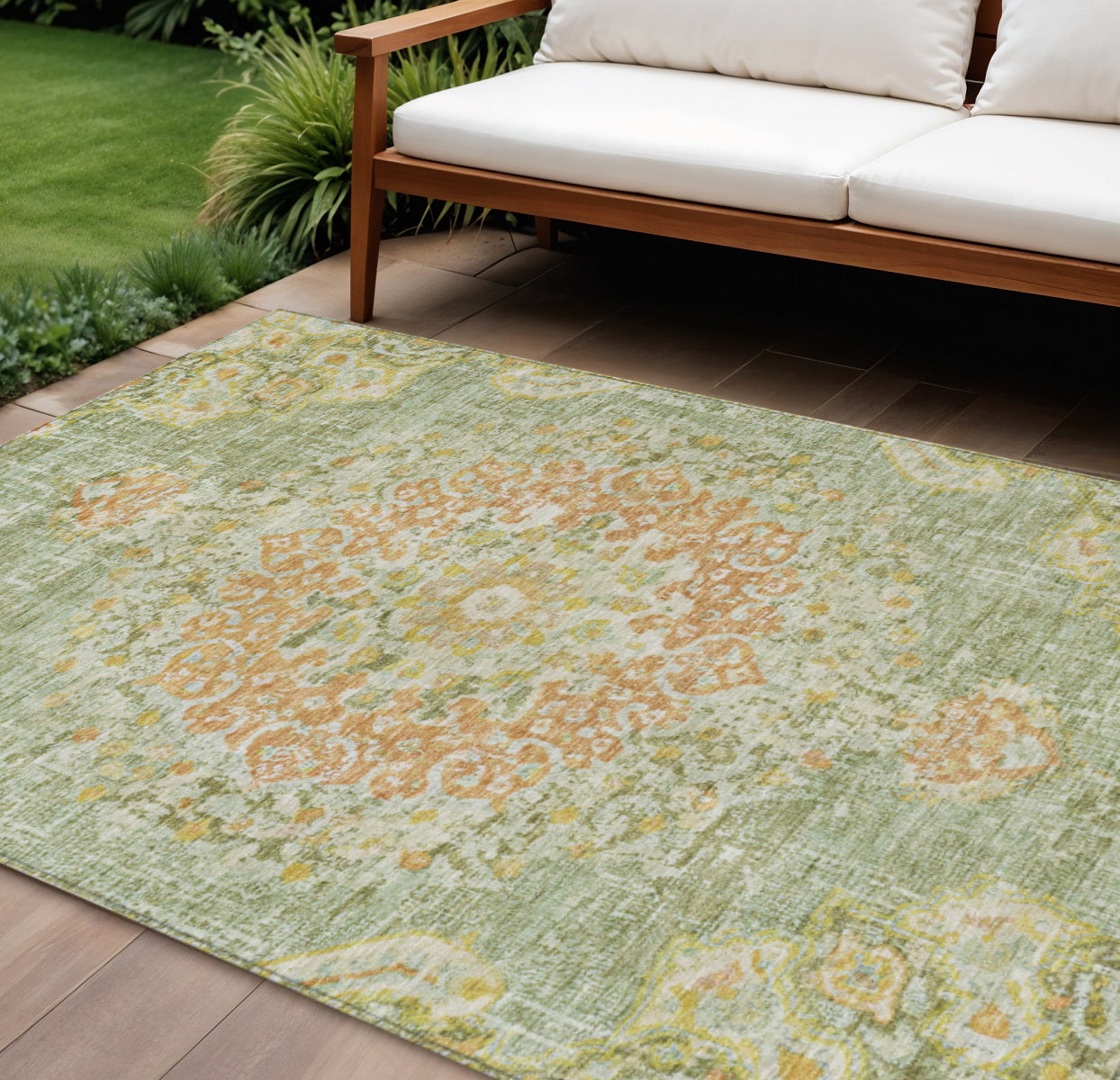 9 X 12 Artichoke Green Floral Medallion Washable Indoor Outdoor Area Rug