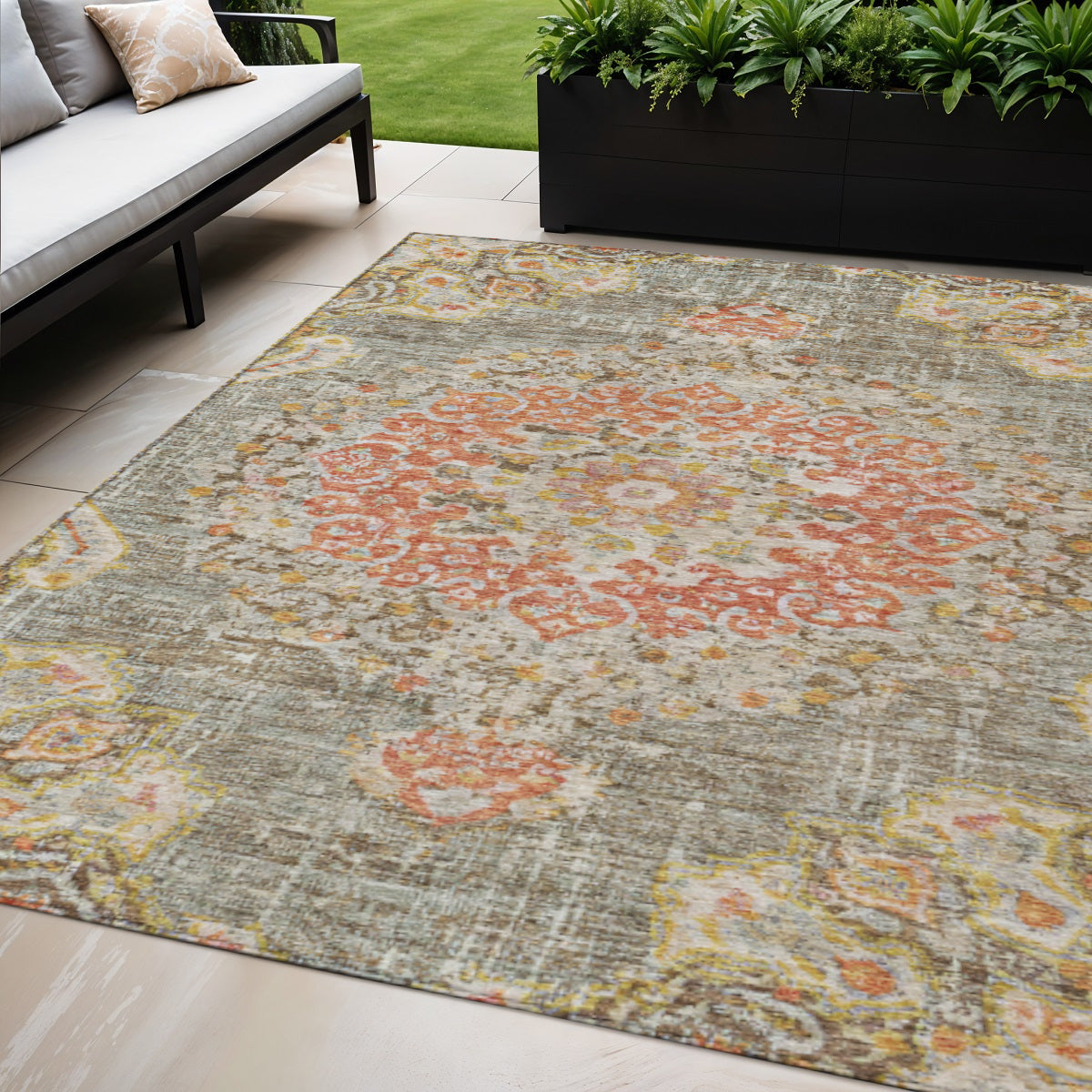 5 X 8 Brown Floral Medallion Washable Indoor Outdoor Area Rug