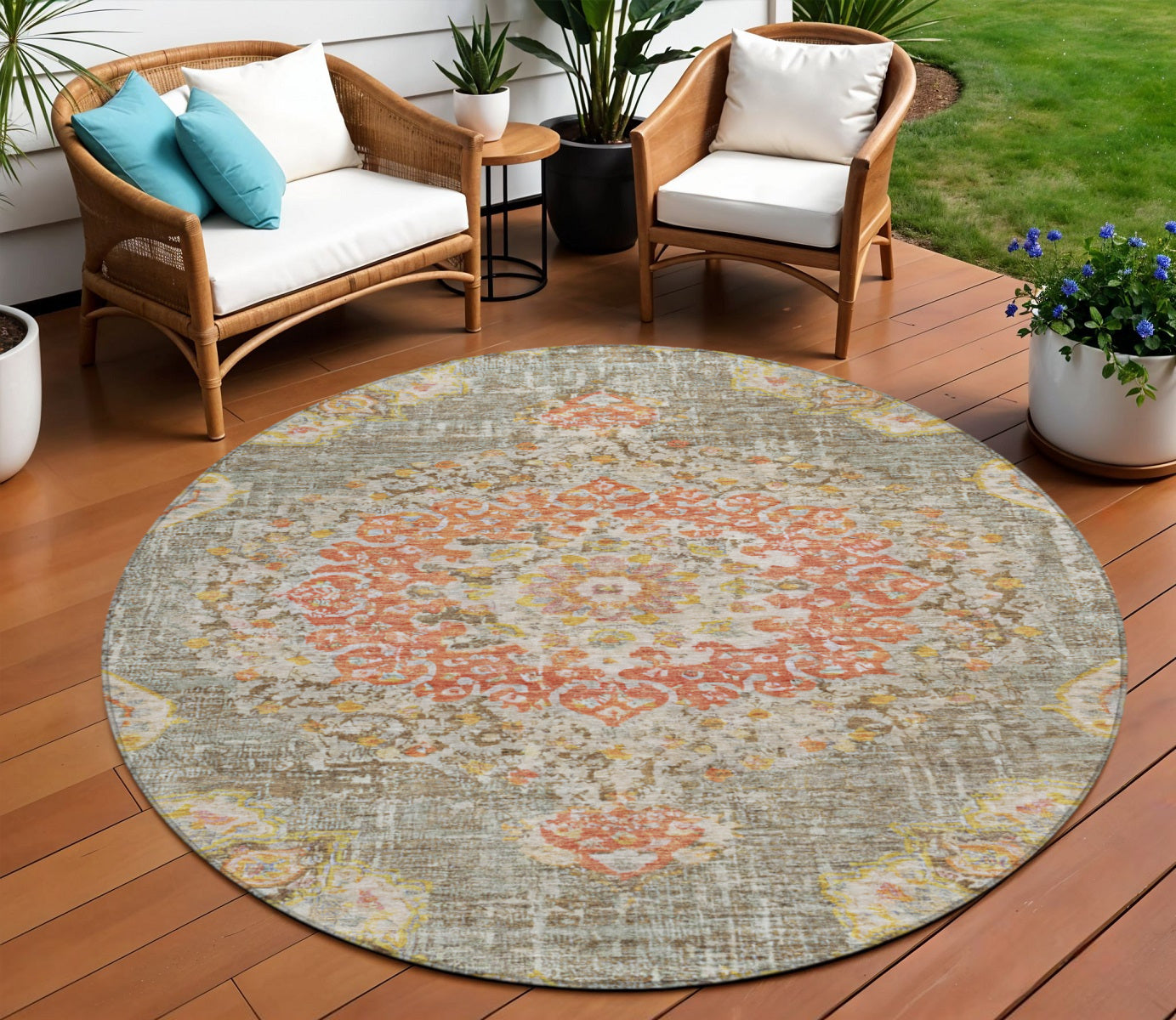 8 Brown Round Floral Medallion Washable Indoor Outdoor Area Rug