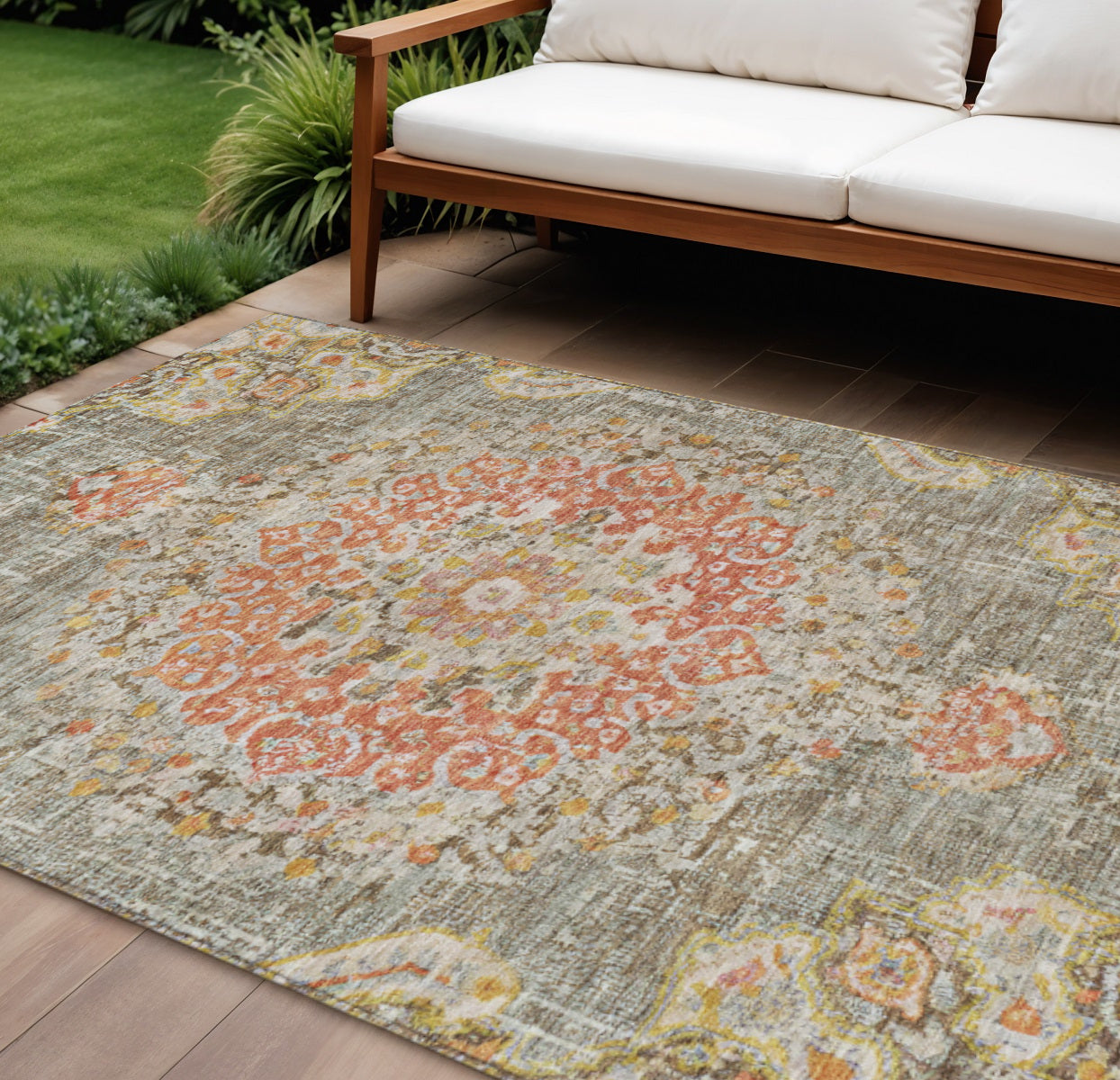 8 X 10 Brown Floral Medallion Washable Indoor Outdoor Area Rug