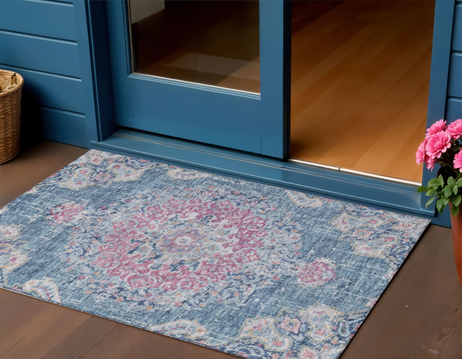 3 X 5 Blue Floral Medallion Washable Indoor Outdoor Area Rug