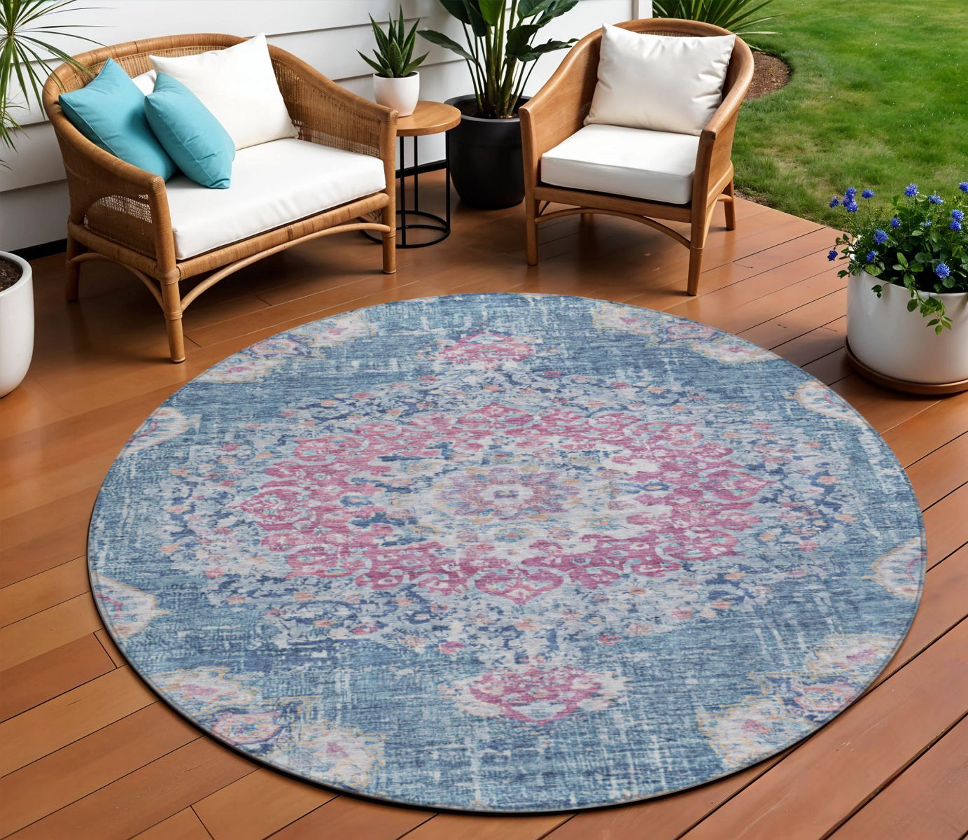 8 Blue Round Floral Medallion Washable Indoor Outdoor Area Rug