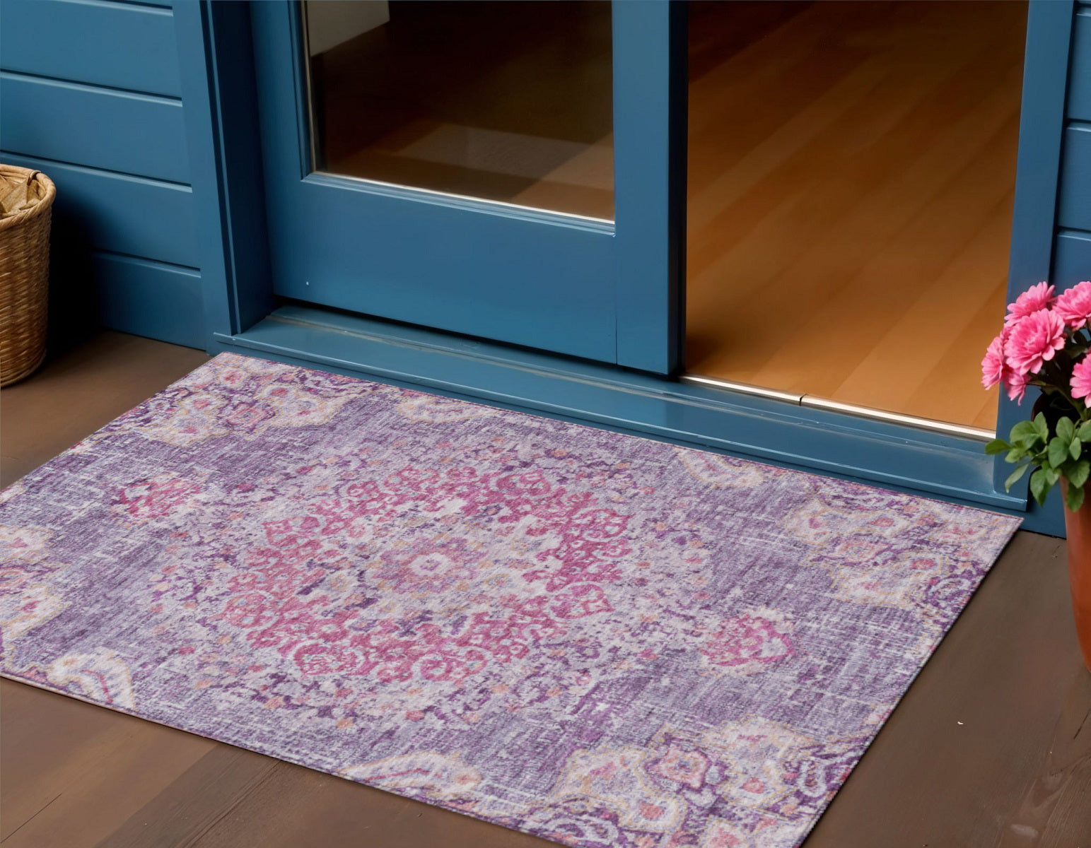 3 X 5 Purple Floral Medallion Washable Indoor Outdoor Area Rug