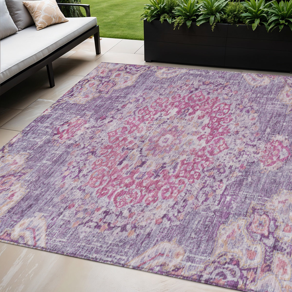 5 X 8 Purple Floral Medallion Washable Indoor Outdoor Area Rug