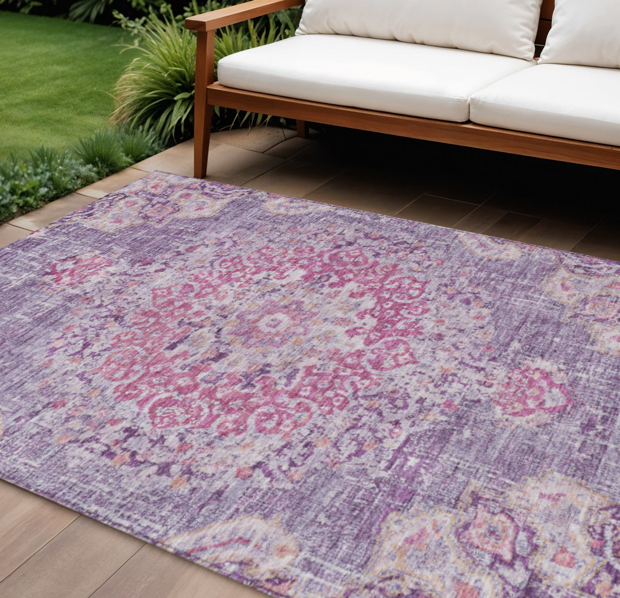 10 X 14 Purple Floral Medallion Washable Indoor Outdoor Area Rug