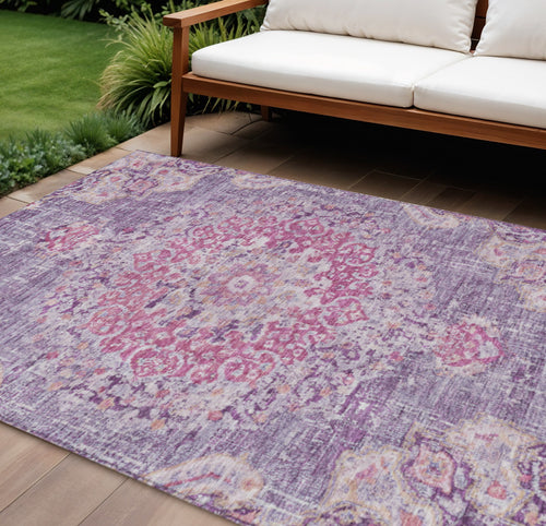 10 X 14 Purple Floral Medallion Washable Indoor Outdoor Area Rug