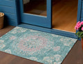 3 X 5 Teal Blue Floral Medallion Washable Indoor Outdoor Area Rug