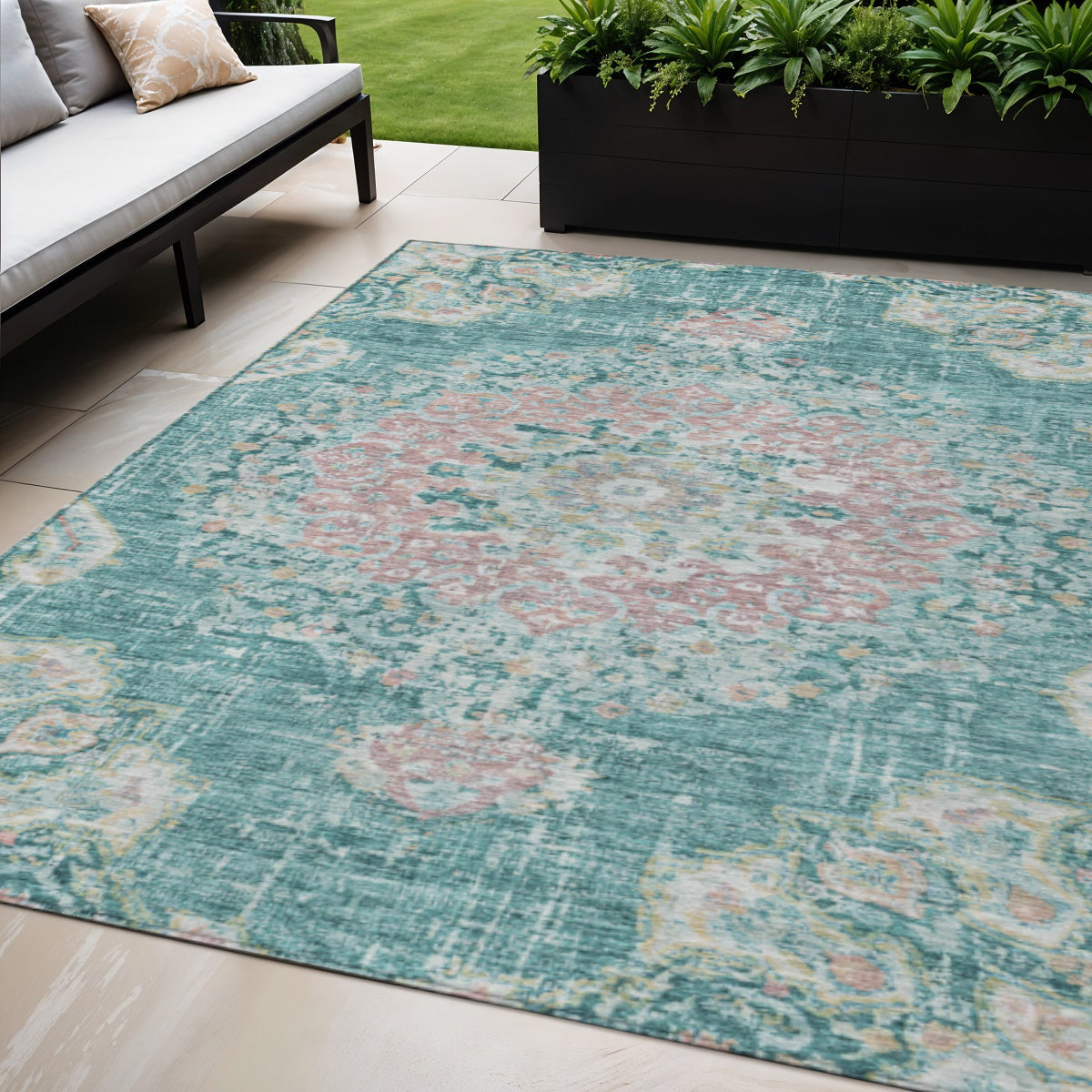 5 X 8 Teal Blue Floral Medallion Washable Indoor Outdoor Area Rug