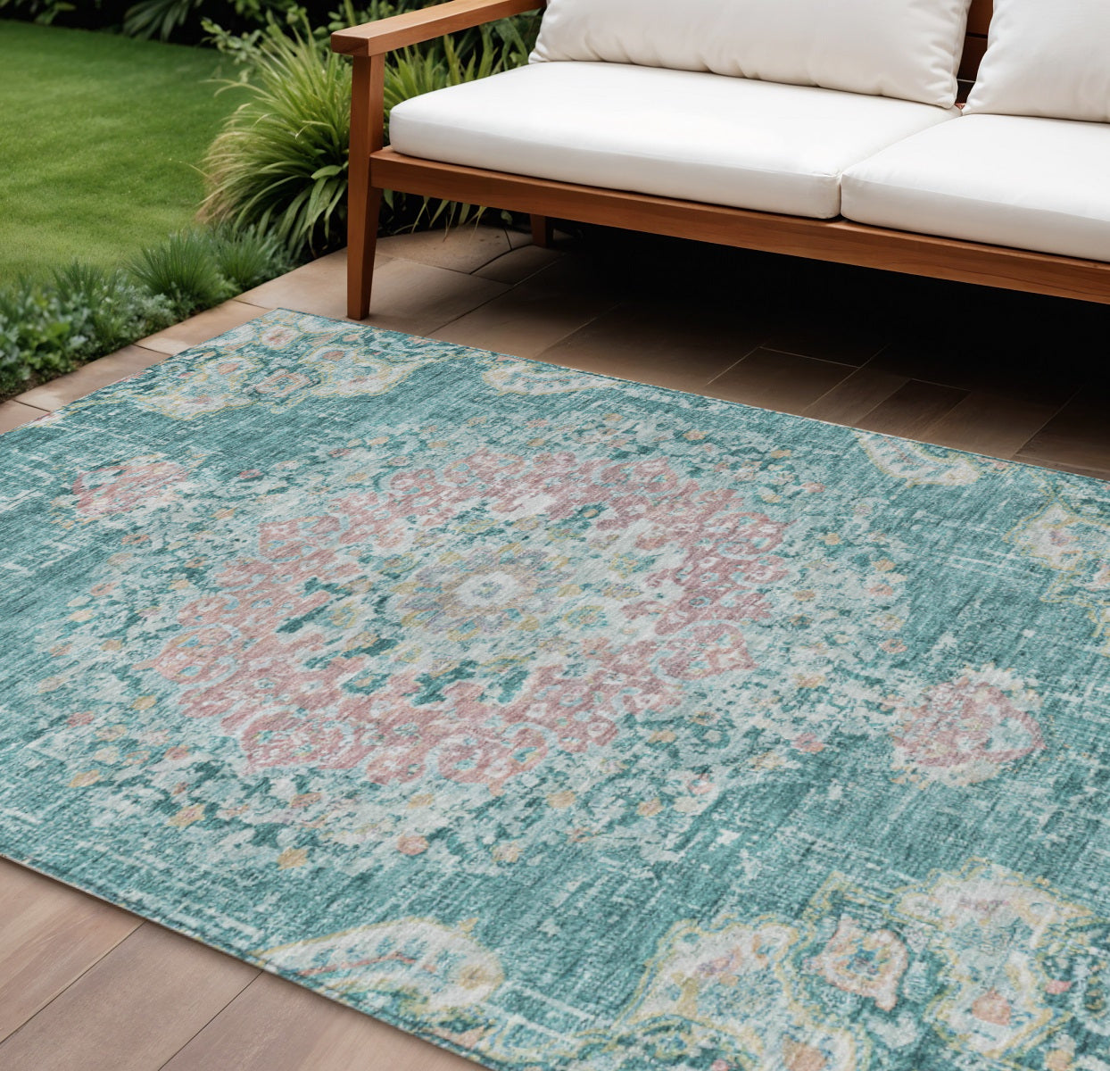 9 X 12 Teal Blue Floral Medallion Washable Indoor Outdoor Area Rug