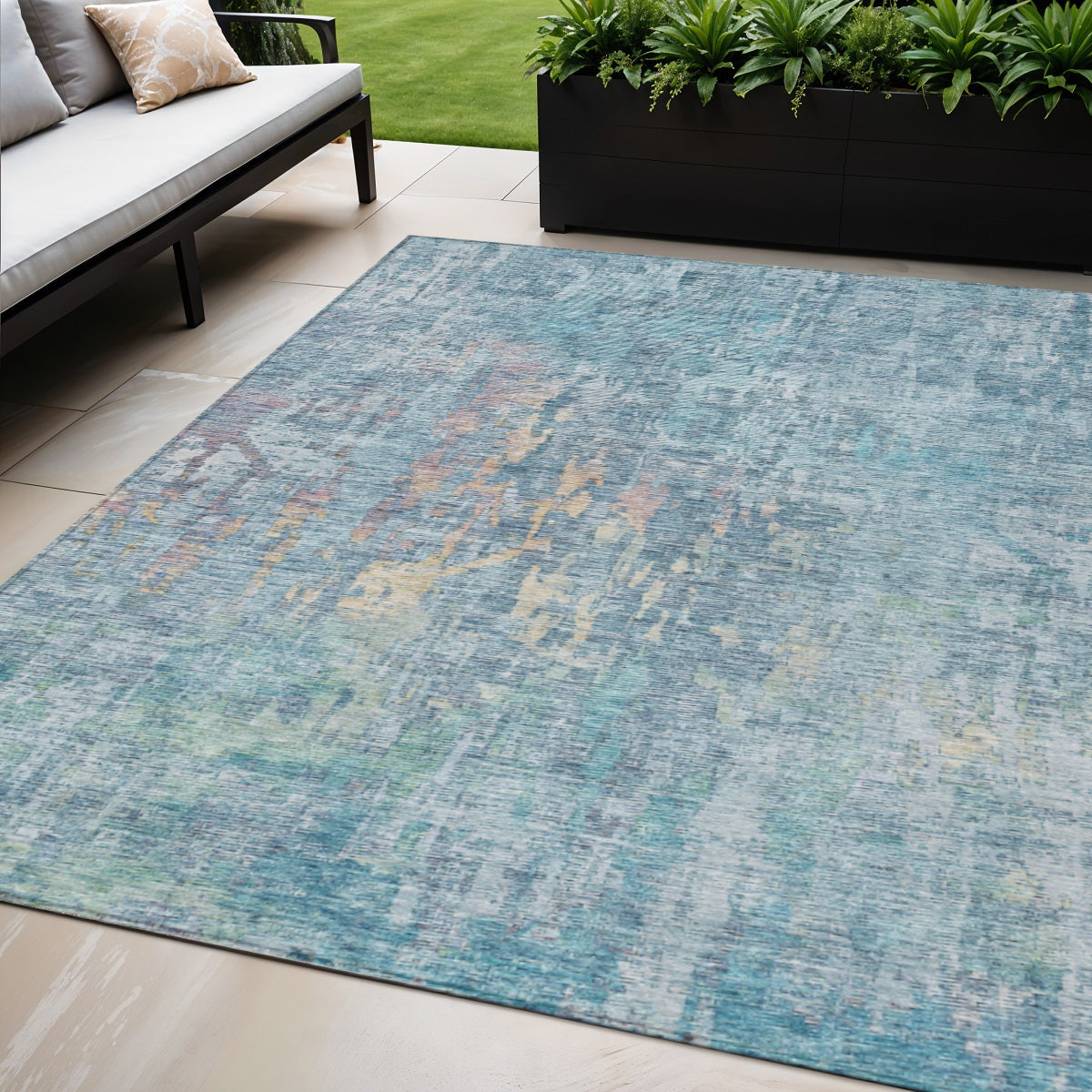 5 X 8 Blue Abstract Washable Indoor Outdoor Area Rug