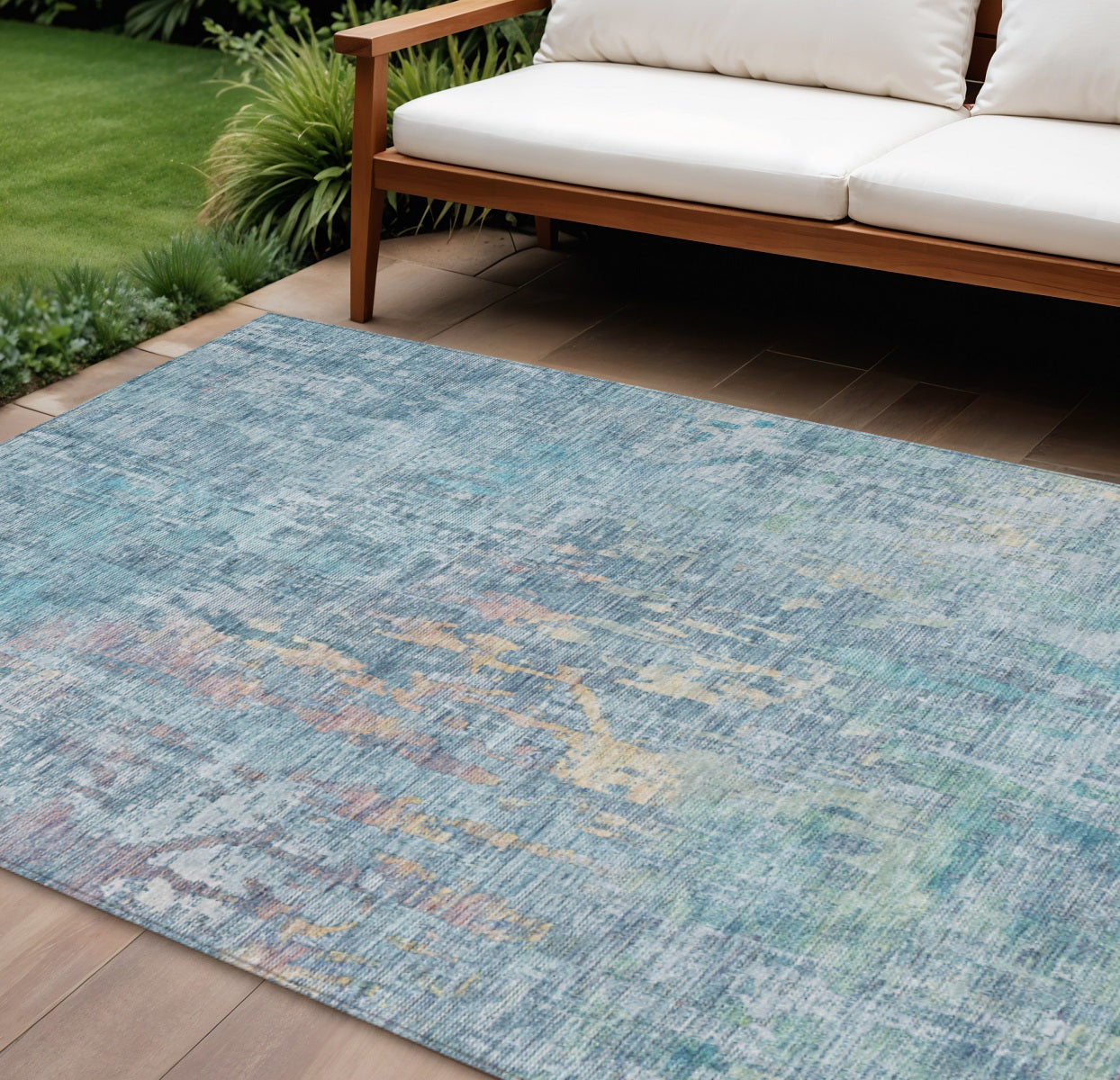 9 X 12 Blue Abstract Washable Indoor Outdoor Area Rug