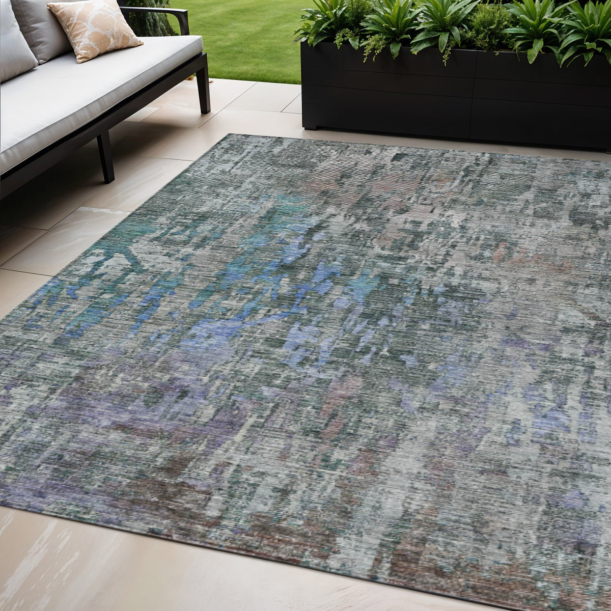 5 X 8 Fern Green Abstract Washable Indoor Outdoor Area Rug