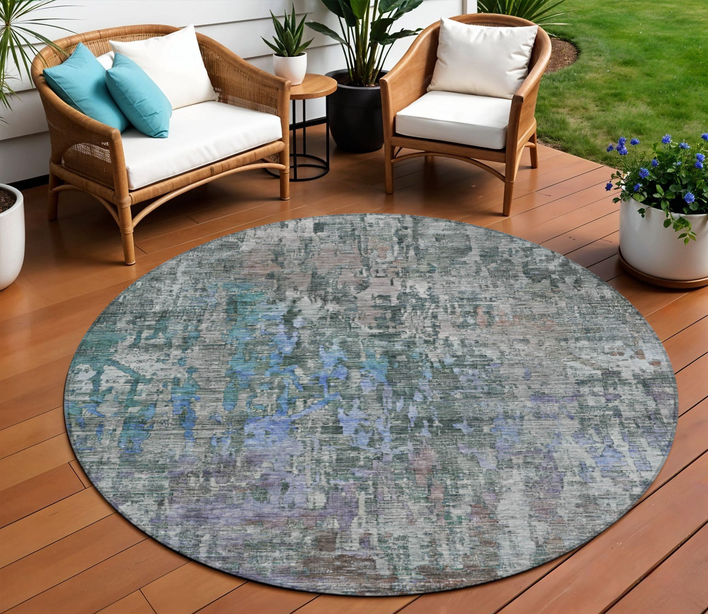 8 Fern Green Round Abstract Washable Indoor Outdoor Area Rug